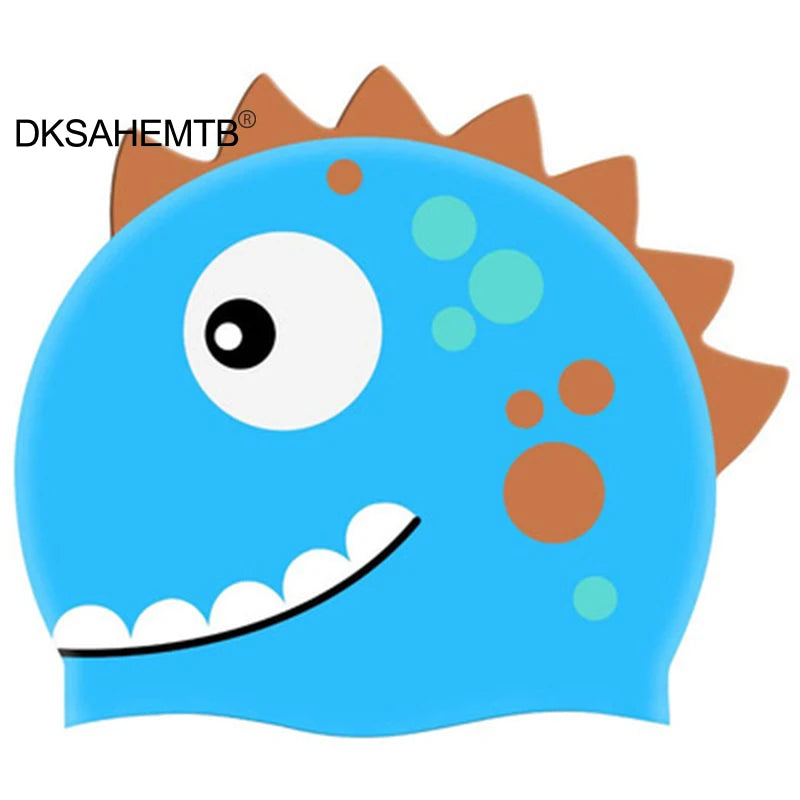 Cartoon Silicone Swimming Cap Waterproof Dinosaur Long Hair Sports Swim Pool Hat Adults & Children Elastic Swimming Cap