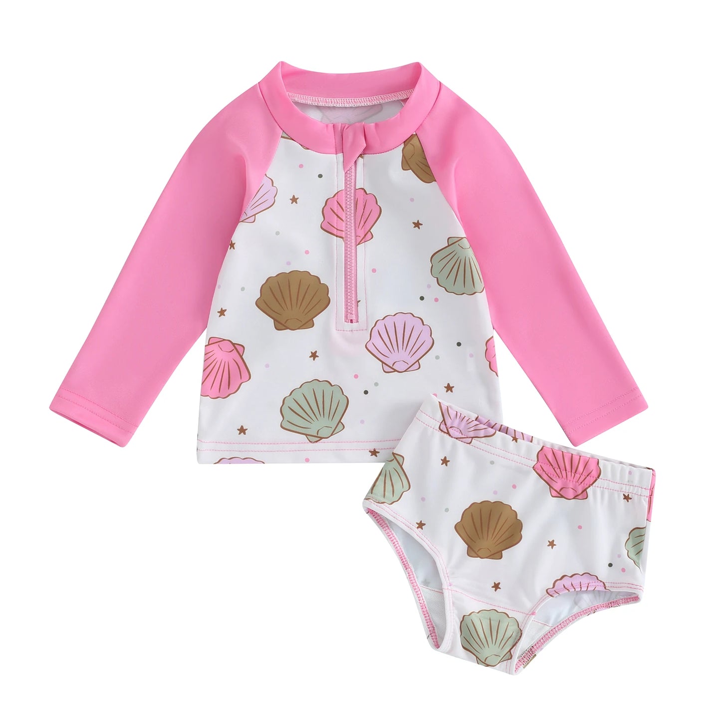 FOCUSNORM 2 Style Summer Kids Girls Bikini Sets 0-5Y Long Sleeve Fish/Shell Print Patchwork Zipper Tops Bottoms Bathing Suit