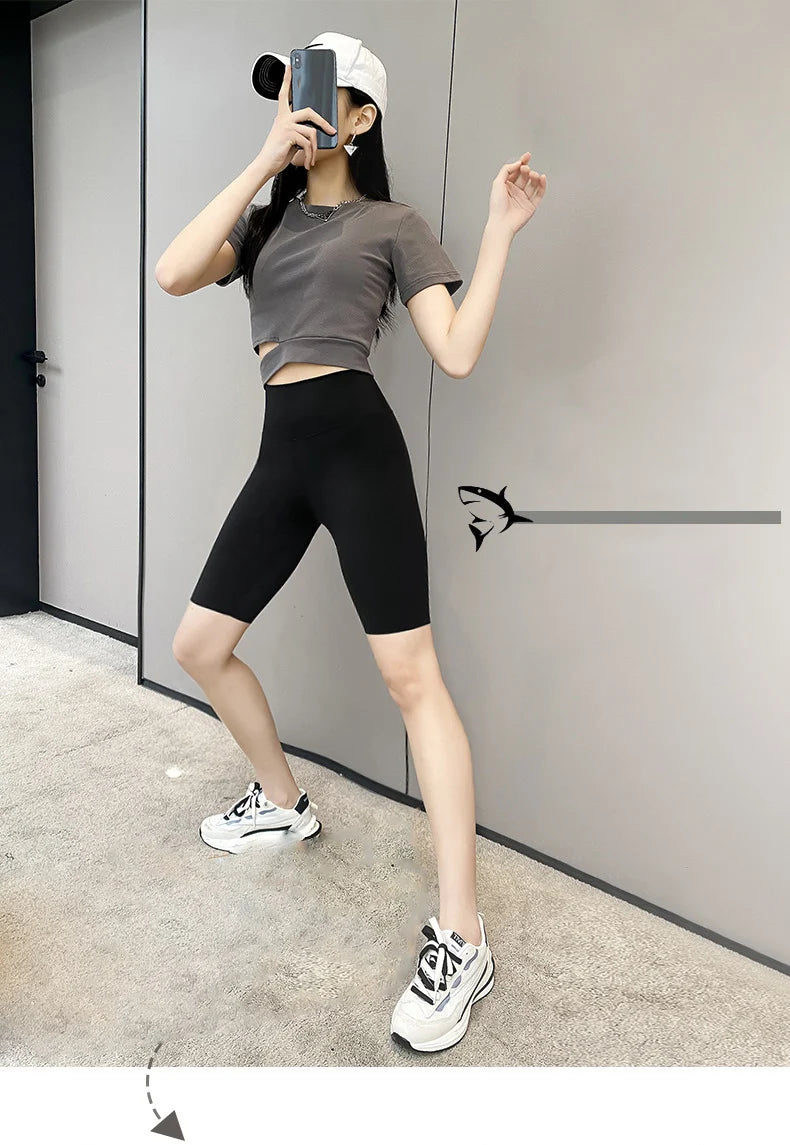 BIVIGAOS Summer Basic Cycling Shorts Women Casual Sharkskin Knee Length Short Legging High Waist Tight Sport Running Biker Short