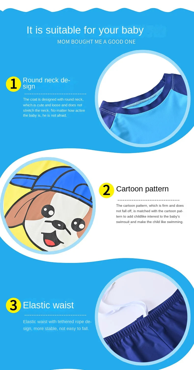 Children's Swimming Suit Teenage Boys' Swimsuits with Cap Cartoon Dog Sun Protection Short Sleeved Sports Swimwear Kids