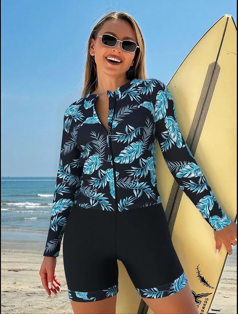 Tropical Print Two-Piece Rash Guard Swimsuit Set - High-Waisted Shorts with Zipper Top Women Sports Swimwear Bathing Suits Lady Rush Guard