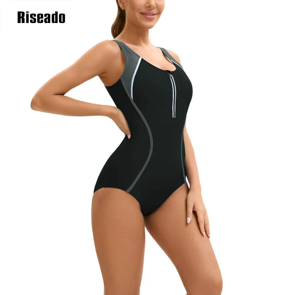 Women's One Piece Korean Swimsuit Sleeveless Conservative Bathing Suit Color Block Monokini for Girls