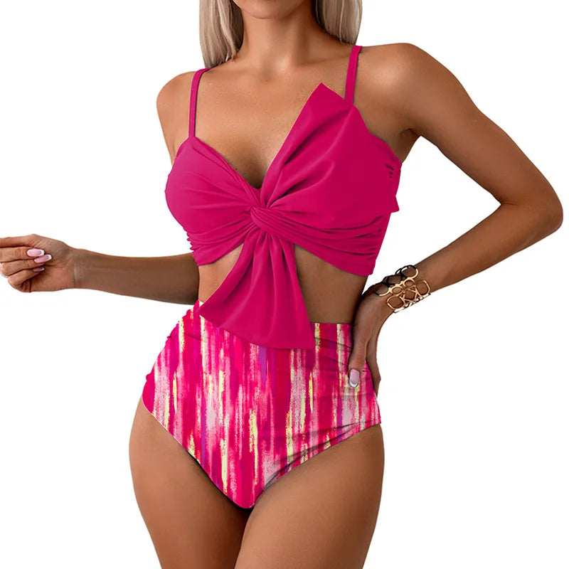 Women Flower Printed Separated Bikini Set Fashion Bow Tie Style High Waist Swimwear Shorts Beach Wear