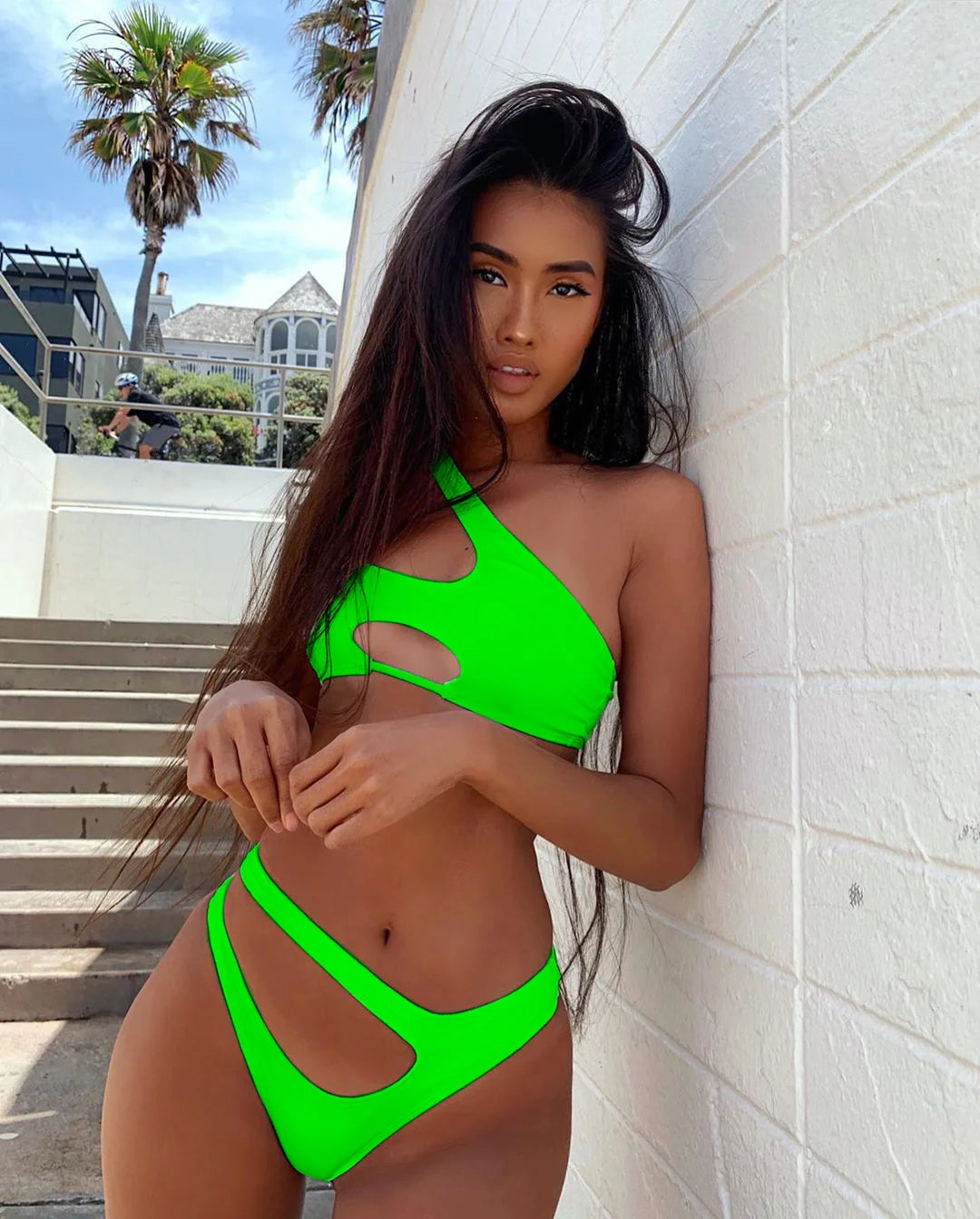 Solid color swimsuit irregular diagonal shoulder bikini Swimwear Beach Bathing Suits