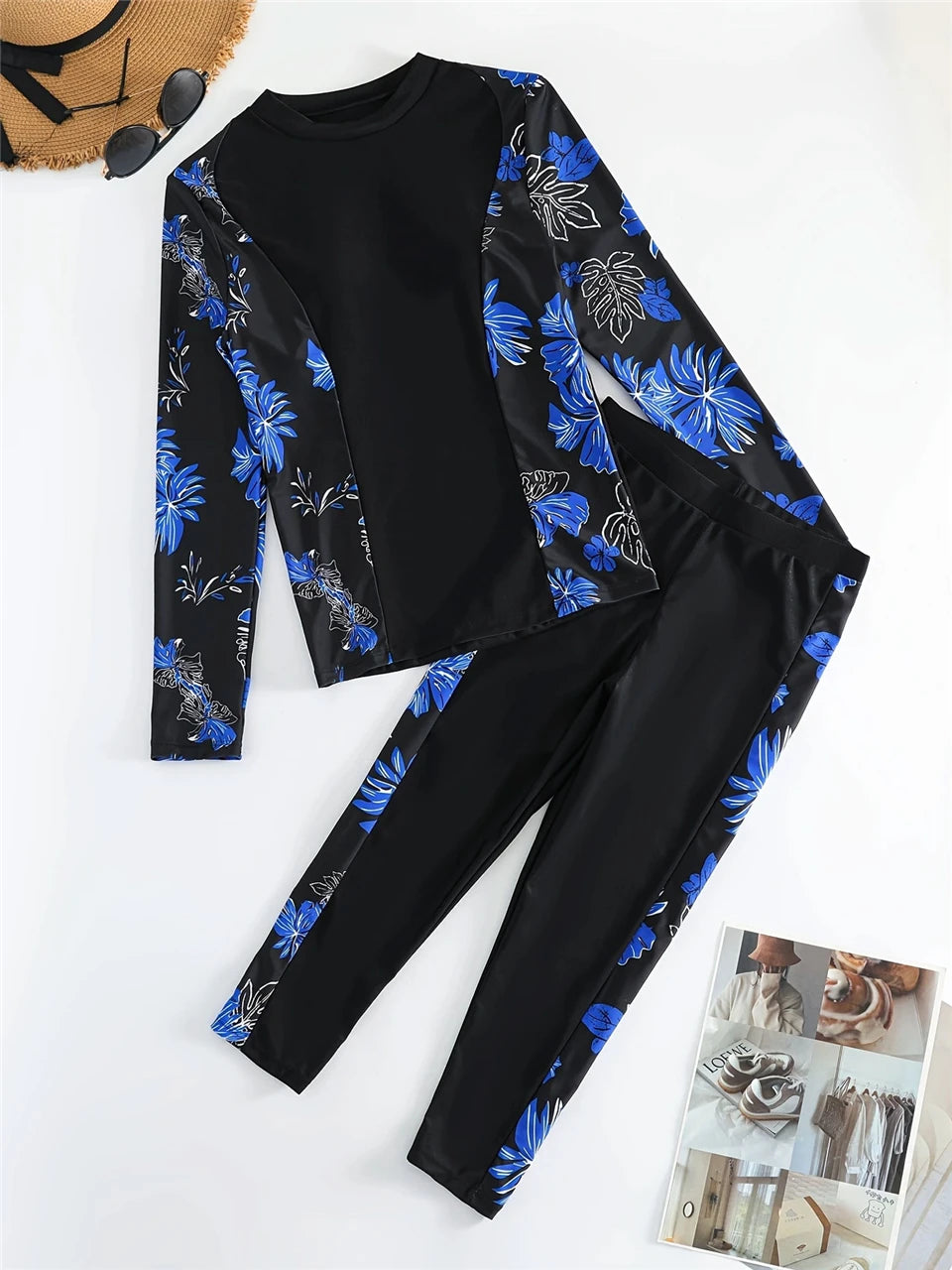 Floral Swimsuit Women Two Piece Surfing Long Sleeve And Pants Swimwear Female Beachwear Bathers Bathing Swimming Swim Suit