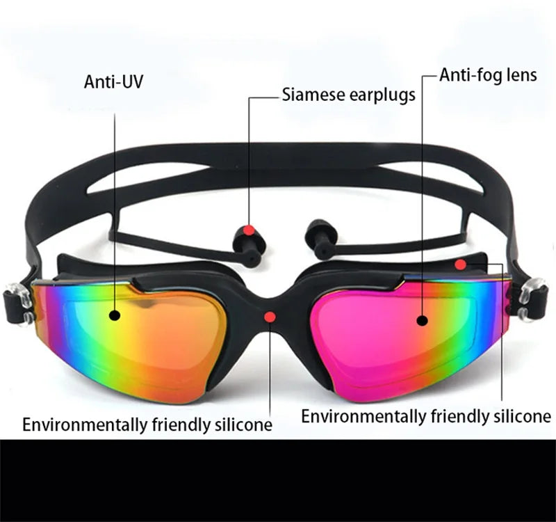 Professional Swimming Goggles for Men and Women, Silicone Anti-Fog, UV Adjustable, Multicolor Swimming Glasses with Earplug