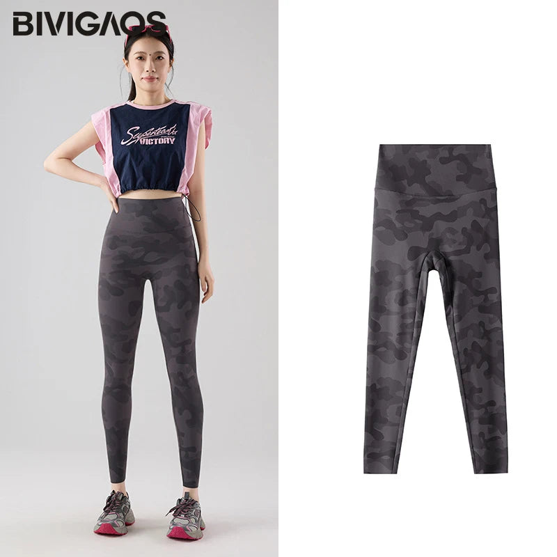 BIVIGAOS Spring Summer Seamless Camouflage Sharkskin Leggings Women Fashion High Waist Casual Sports Tights Fitness Leggings