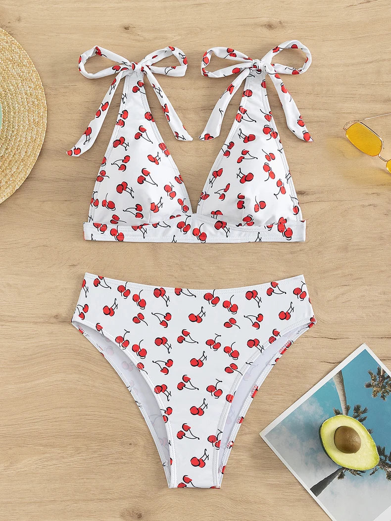 Black Cherry Print Bikini Set Women Tie Up Strap V Neck Push Up High Waist Swimsuit Cut Out Bathing Suit Two Piece Swimwear
