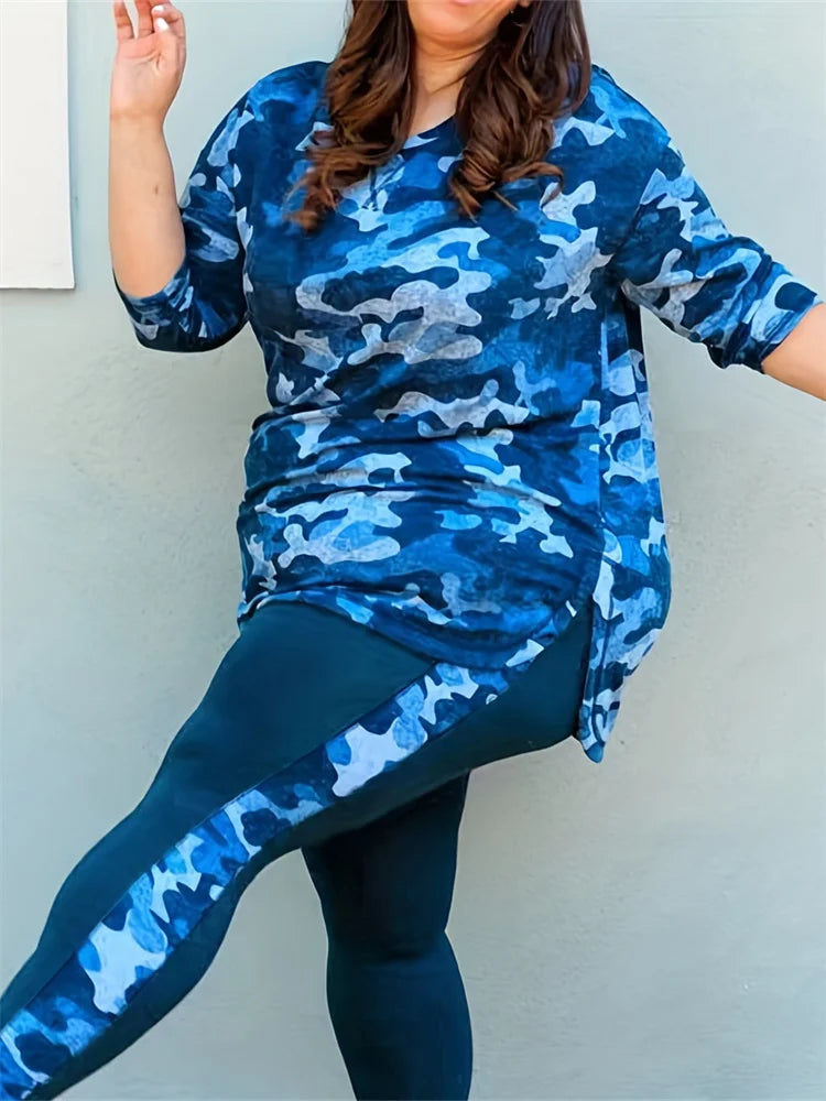 Wmstar Plus Size Women Clothes Camouflage Printed Stretch Long Sleeve Shorts Fashion Casual Two Piece Set
