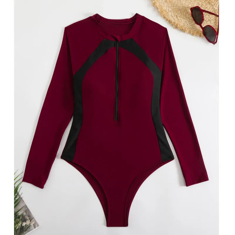 Zipper One Piece Swimsuit Closed Print Long Sleeve Swimwear Sports Surfing Women's Swimming Bathing Suit Beach Bather