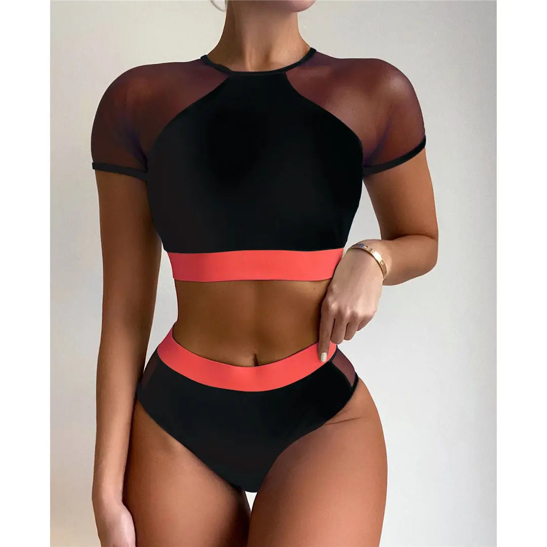 Neon Colours Short Sleeve Mesh High Waist Bikini Women Bikini Sets