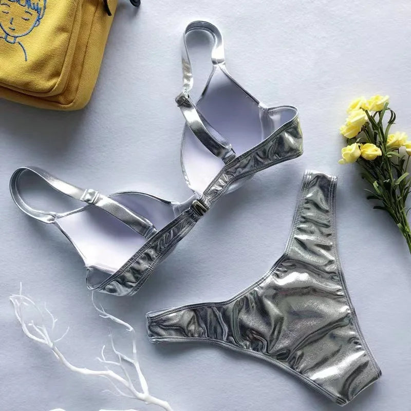 metallic push up micro bikinis sets padded bra bathing suit beach wear women sexy thong bikini reflective shinny swimsuits