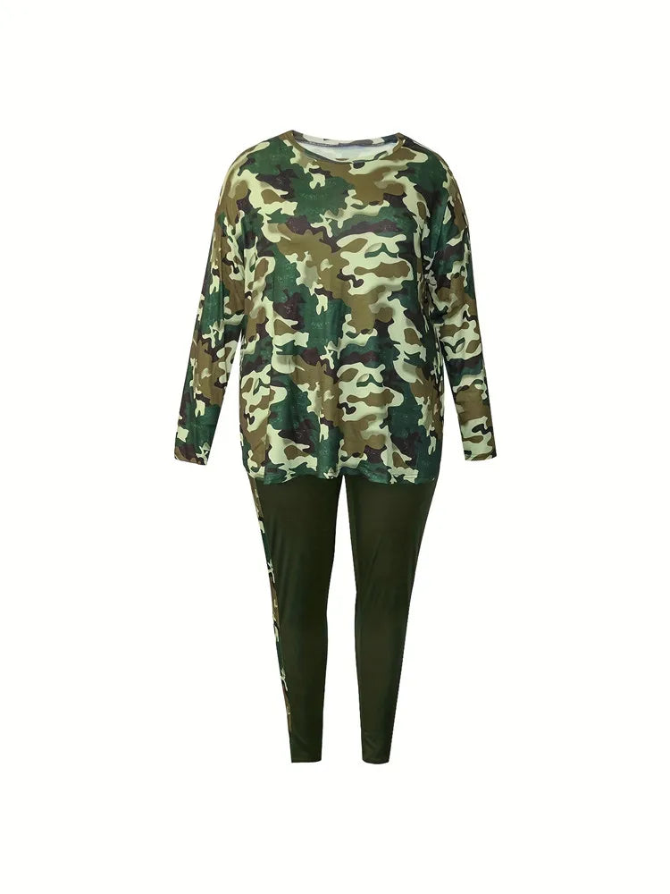 Wmstar Plus Size Women Clothes Camouflage Printed Stretch Long Sleeve Shorts Fashion Casual Two Piece Set