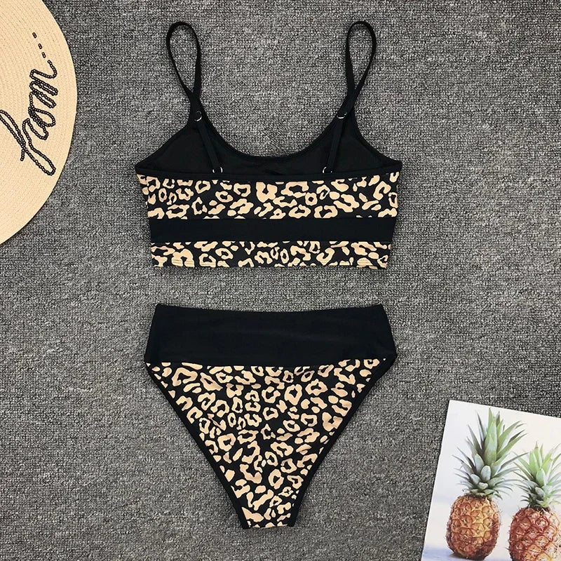 Splicing Leopard High Waist Bikini Women Swimsuit Female Swimwear Two-piece Bikini set Padded Bather Bathing Suit Swim Wear Lady