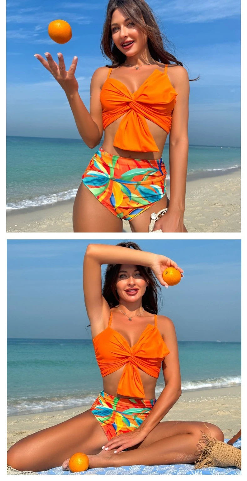Women Flower Printed Separated Bikini Set Fashion Bow Tie Style High Waist Swimwear Shorts Beach Wear
