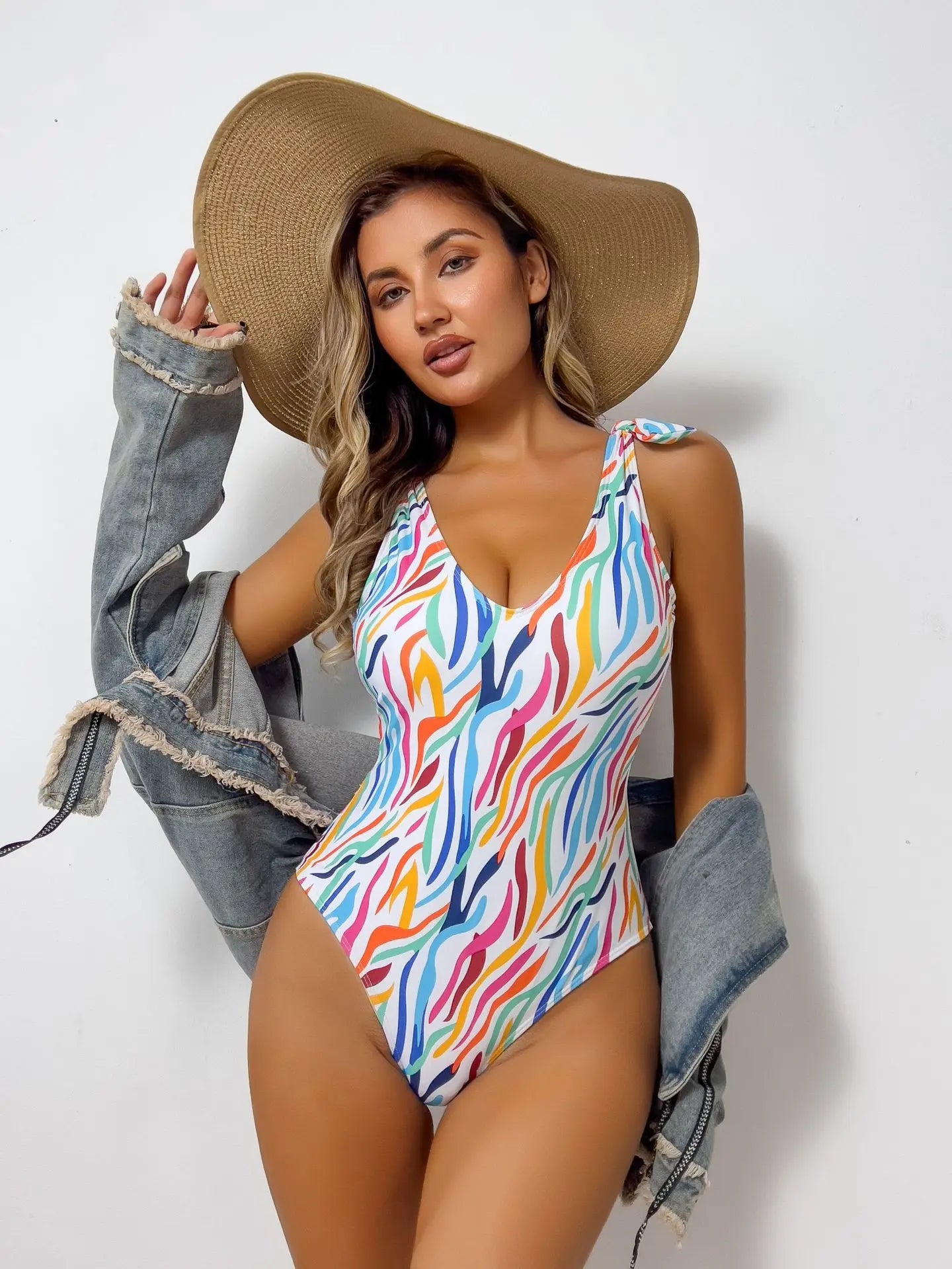 Stripy Print Lady Swimwear Women Tied Strapped One Piece Swimsuit Monokini Push Up Brazilian Beach Bathing Suit