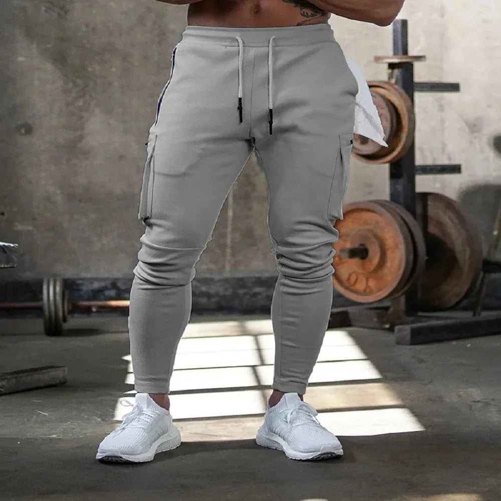 Sweatpants Men's Gym Fitness Pants Men's Running Jogging Training Tight Sports Cargo Pants Pocket Decoration