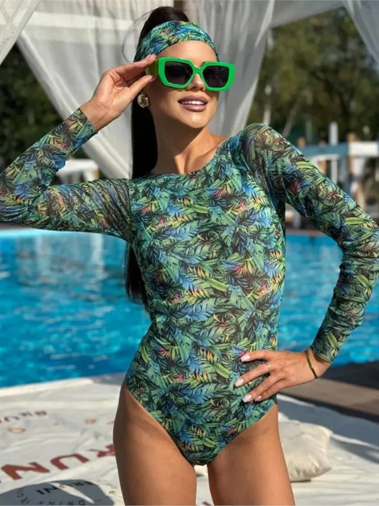 Mesh High Waist Swimsuit Women Summer Bathing Suit Bikini Set Long Sleeve Swimwear Beach Swimming Suit For Female