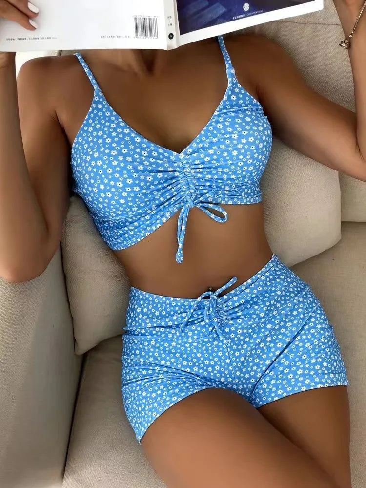 High Waist Bikini Swimsuit Women Floral Print Swim Suits Drawstring Front Shorts Boxers Swimwear Trunks Pool Bathing Suit