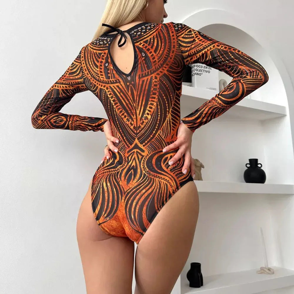 Women's Retro Print Scoop Neck Padded Long Sleeve One Piece Swimsuits High Cut Bathing Suits Swimwear Bodysuit