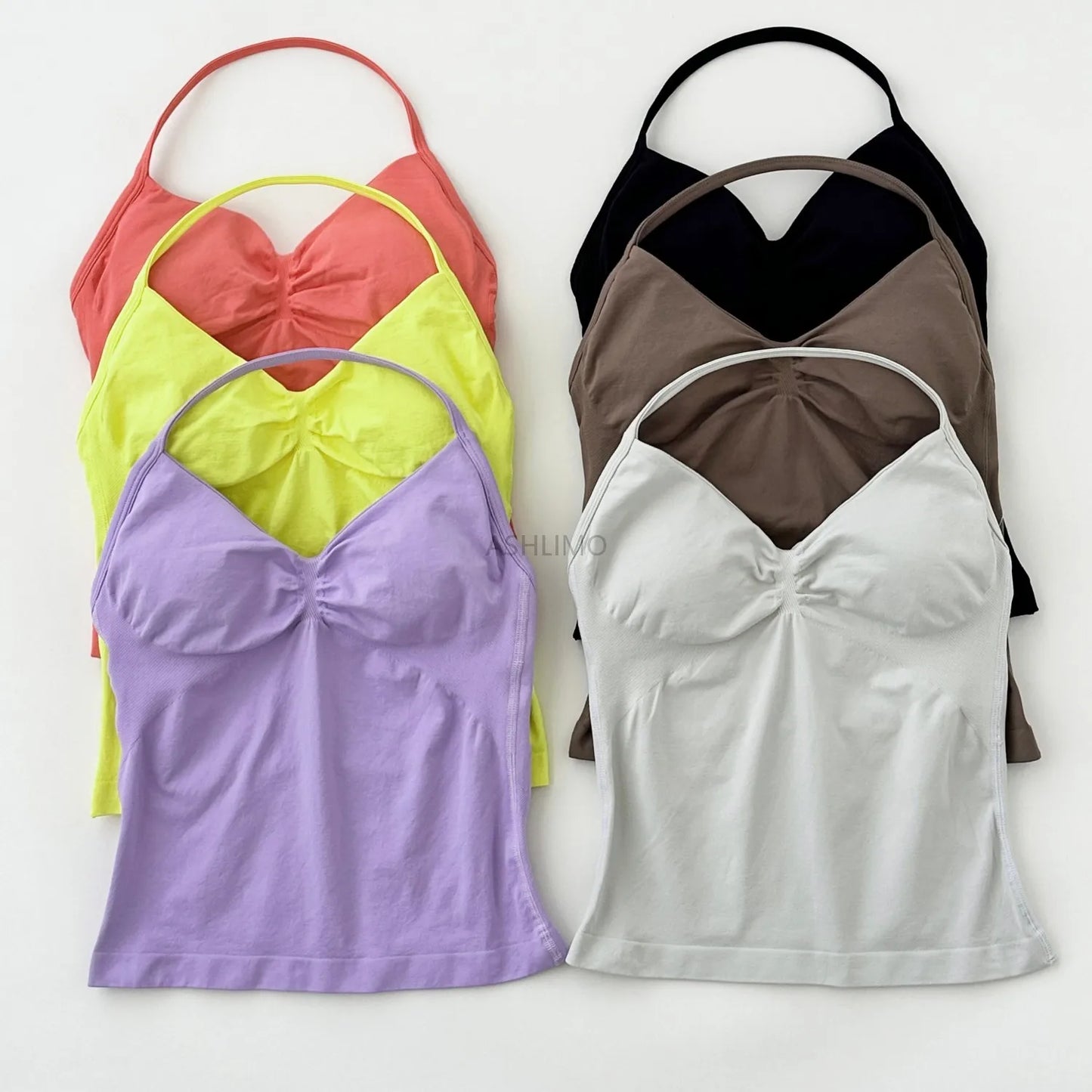 Longline Strappy Gym Top Backless Gym Clothes Women Scrunch Built-in Bra With Removable Cups Yoga Tank Tops