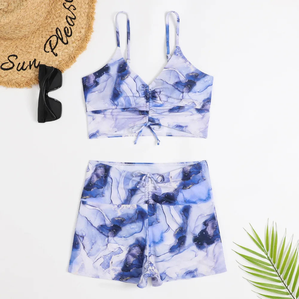 High Waist Bikini Swimsuit Women Floral Print Swim Suits Drawstring Front Shorts Boxers Swimwear Trunks Pool Bathing Suit