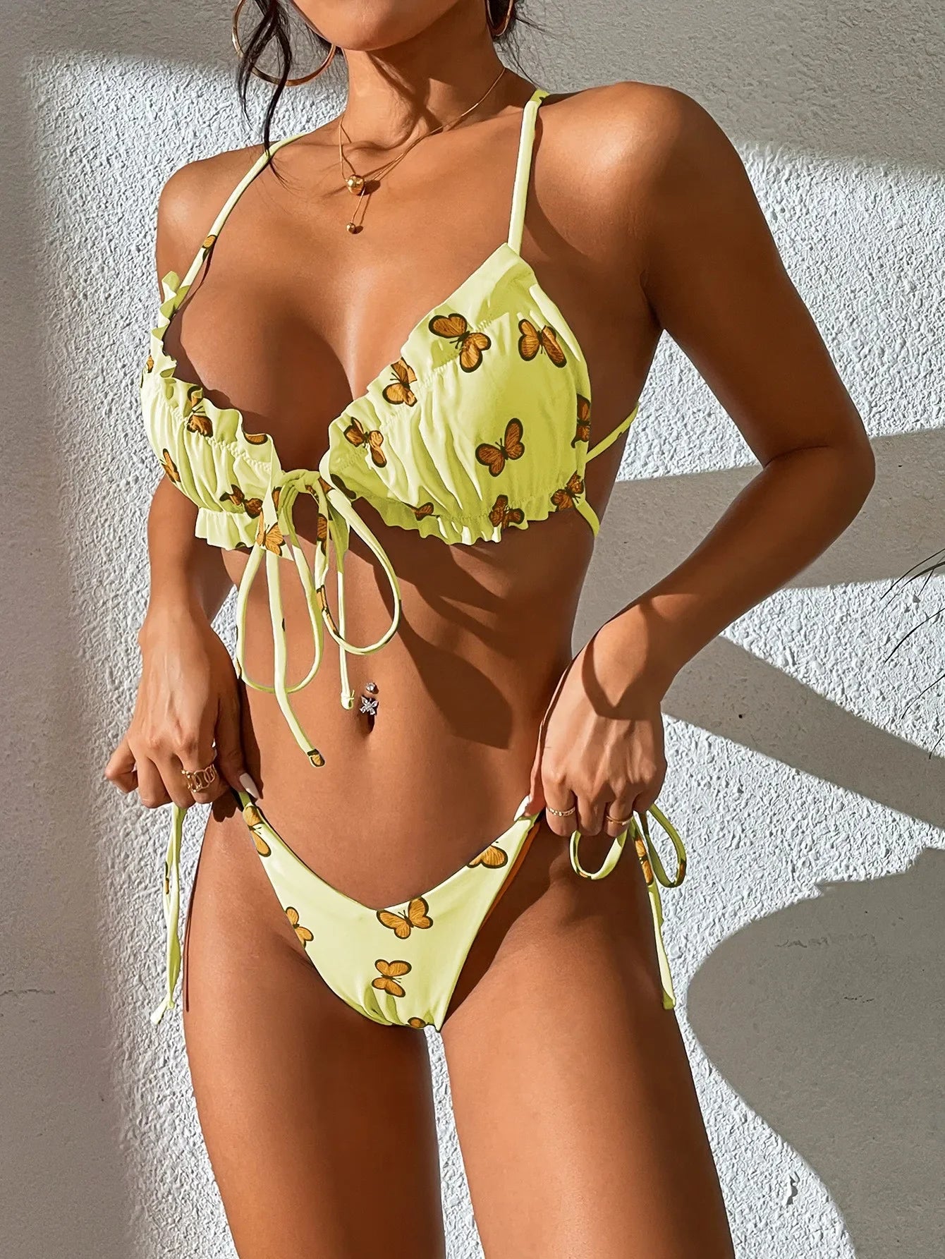 Butterfly Pattern Pleated Lace Open Back Bikini Swimwear Split Swimsuit Bathers