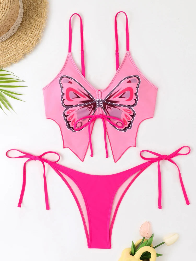 Butterfly Print Strapped Swimwear Women Tied High Cut Bikini Set Push Up Swimsuit Backless Summer Beach Bathing Suit Bathers