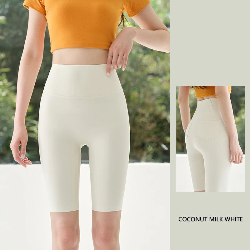 Summer Back Pocket Sharkskin Cycling Shorts Women Cool Knee Length Short Leggings Casual Elastic Sport Biker Shorts