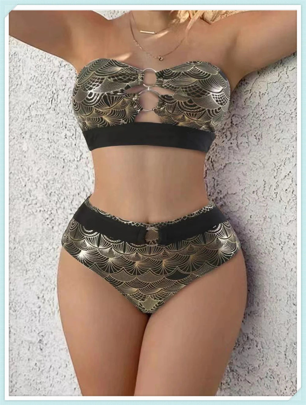 Metallic Stitch Strap Bikini Women Push Up Gold print Swimsuit Female High Waist Swimwear Bathers Bathing Suit Beachwear