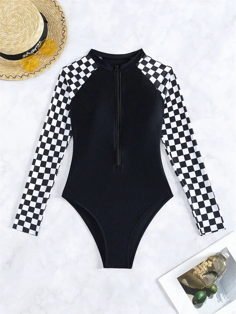 Plaid One-Piece Swimsuits Closed Long Sleeve Swimwear For Sports Surfing Bodysuit Women Swim Bathing Suit Beachwear Pool Bather