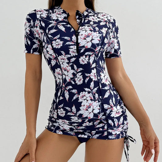 Floral Women Swimsuits Sun Protection Female Short Sleeves Swimwear Surfing Sports Pool Beachwear Two-Piece Bathing Suits