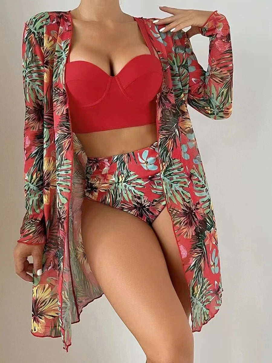 3 Piece Bikini Set Women Cover Up Swimwear Female Tropical Printed Swimsuit Push Up Beachwear Long Sleeve Bathing Suit