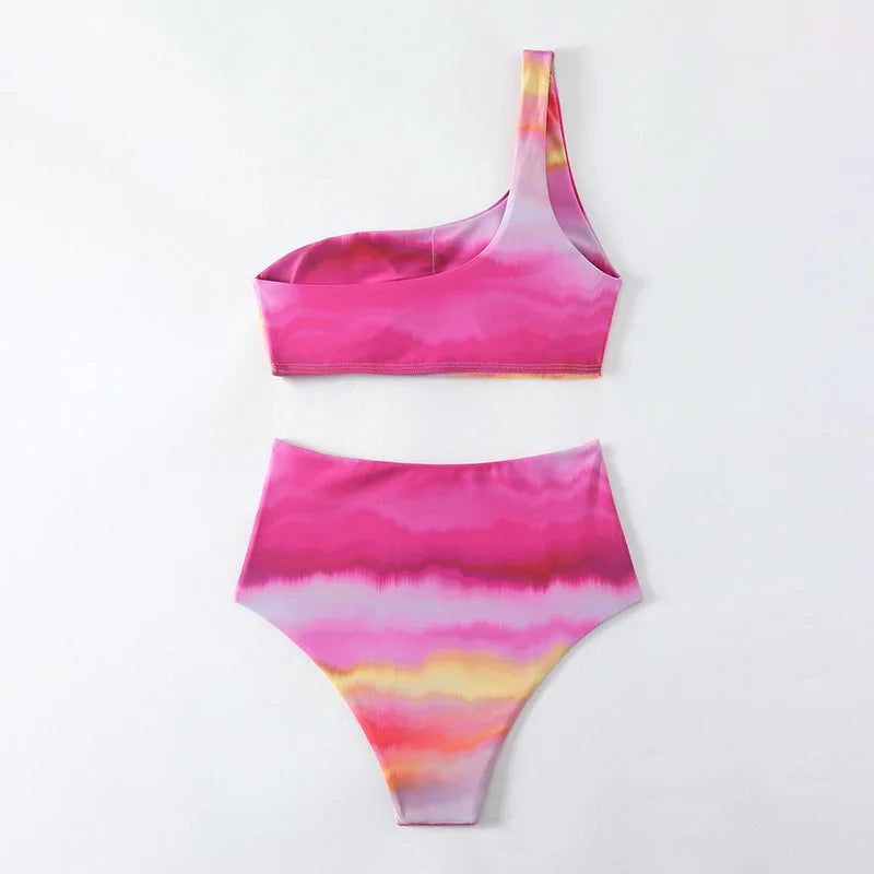 Rose Red Tie Dye Print Two Piece Swimsuit Single Shoulder Backless Bikini Set Beach Vacation High Waist Bathing Suit