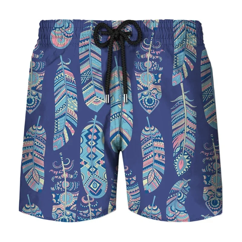 Flower Leaf Graphic Swim Trunks For Men Ethnic Feathers 3D Printed Short Pants Summer Loose Harajuku Sport Street Board Shorts