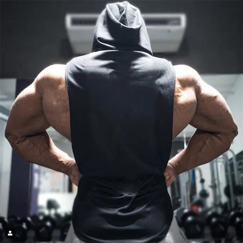 With Hat Gym T-shirt Man Sleeveless Sweatshirt Gym Clothing Men Bodybuilding Clothes Men's Singlet Fitness Vest Singlets Tops