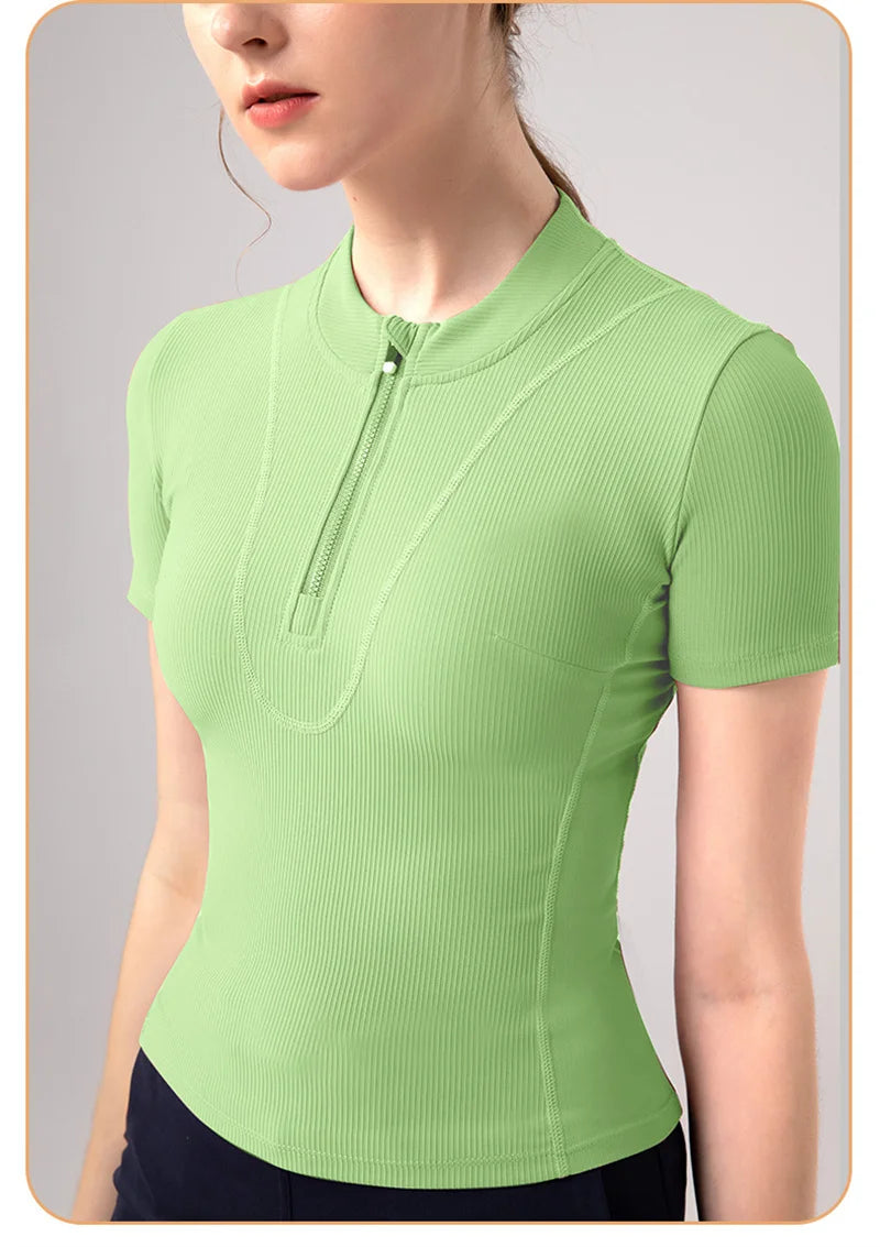 Aiithuug Women Slim Fit Gym Shirts Half Zip Workout Tops Quarter Zip Fitness Shirt Running Quicky Dry Short Sleeve Yoga Tops