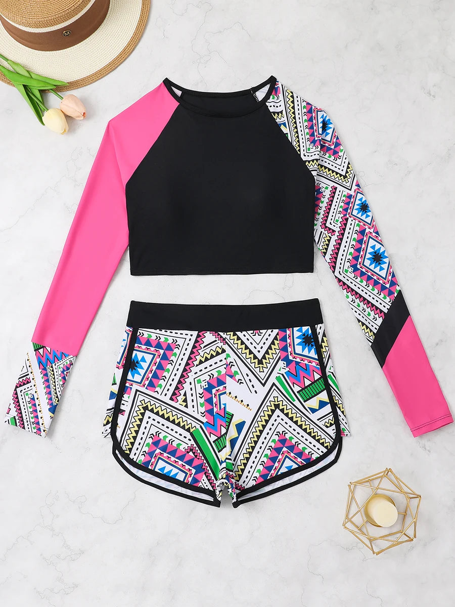 Print Swimsuit Women Two Pieces Surfing High Waist Shorts Swimwear Female Beachwear Bathers Bathing Swimming Swim Suit