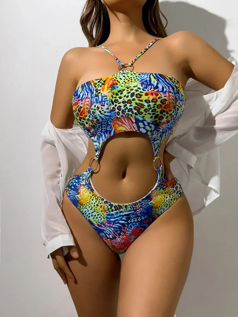 Colorful Leopard Print One Piece Swimsuit for Women,High Waist Hollow Out Bikini, Suspender Backless Bathing Suit