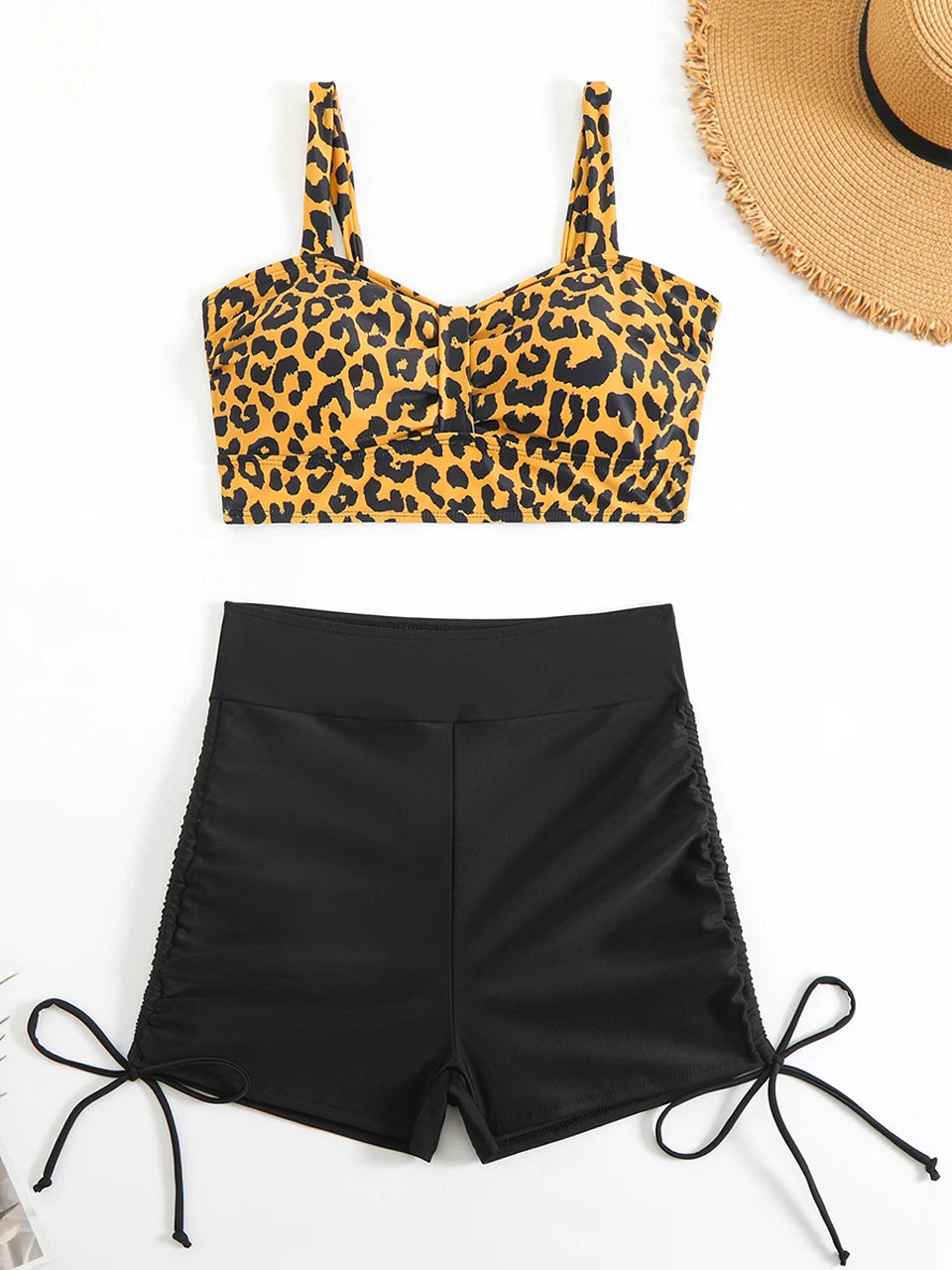 Strappy Two Pieces Drawstring Swimsuit Women Leopard Swimwear Female Bathers Bathing Swimming Suit Padded Beachwear