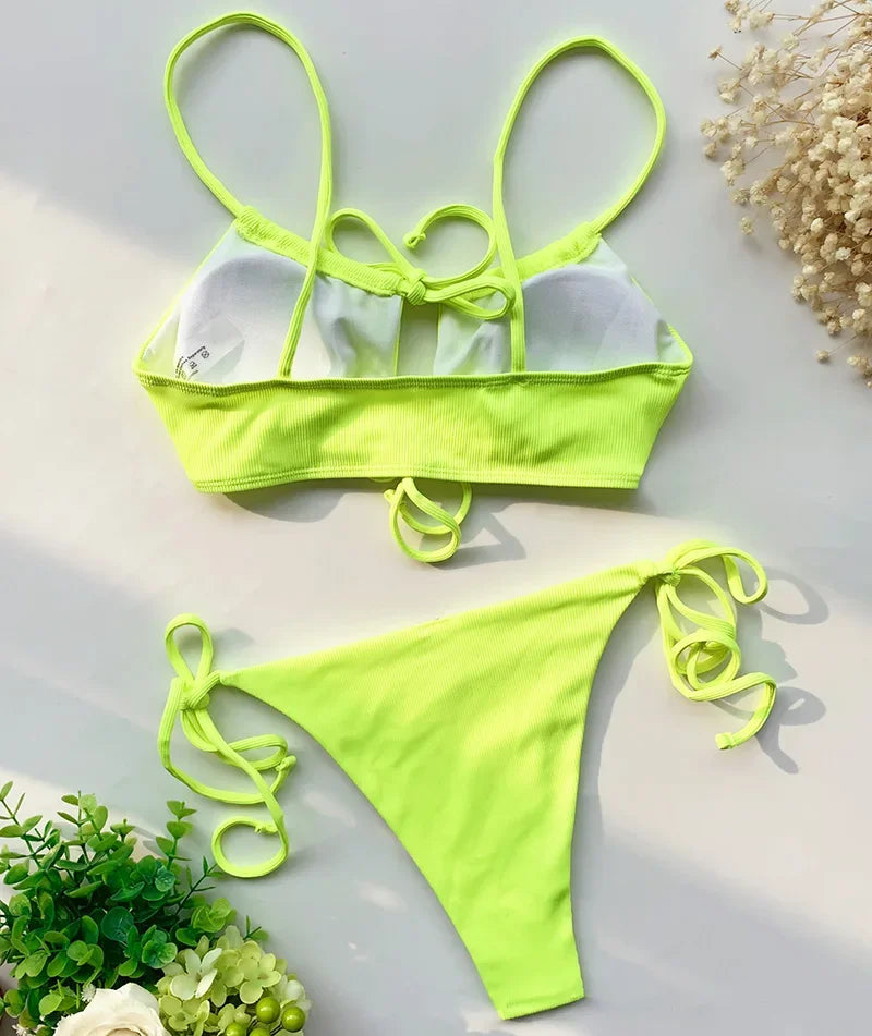 Strappy Lace Up Ribbed Bikini Women Swimwear Female Swimsuit Two-piece Bikini set Hollow Out Bathing Suit Swim