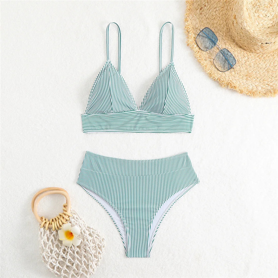 4 Colors V Neck Striped Female Swimsuit High Waist Bikini Women Swimwear Two-pieces Bikini set Bather Bathing Suit Swim