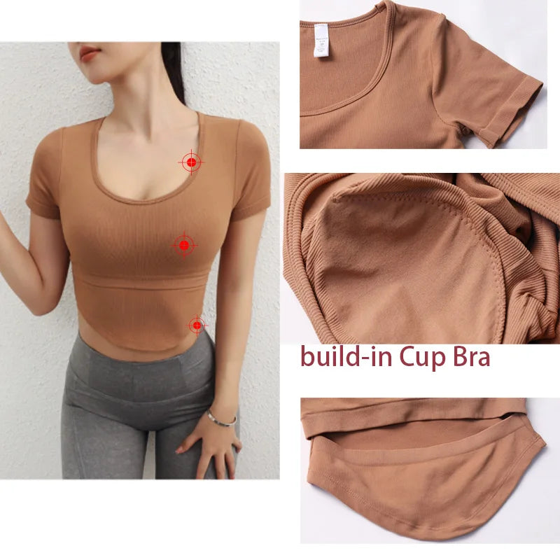 Aiithuug U Neck Yoga Bra Crop Bra Short Sleeve Ribbed Gym Crop Pilates Bras Gym Bra Workout Crops Fitness Top Running Crops