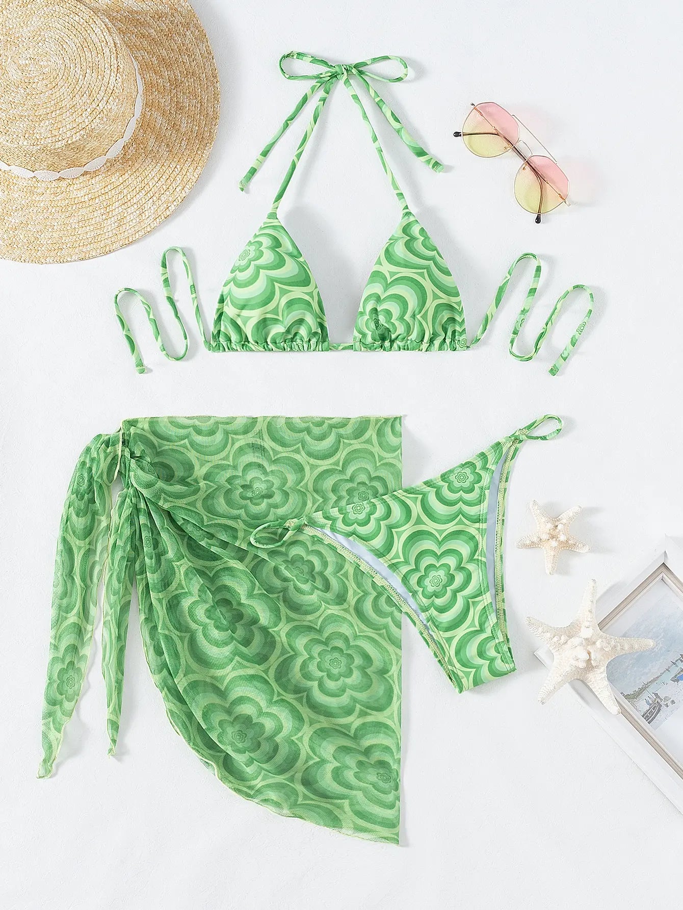 3 Pieces Floral Triangle Thong Bikini Women & Beach Skirt Swimwear Female Swimsuit Beachwear Bathing Swimming Suit