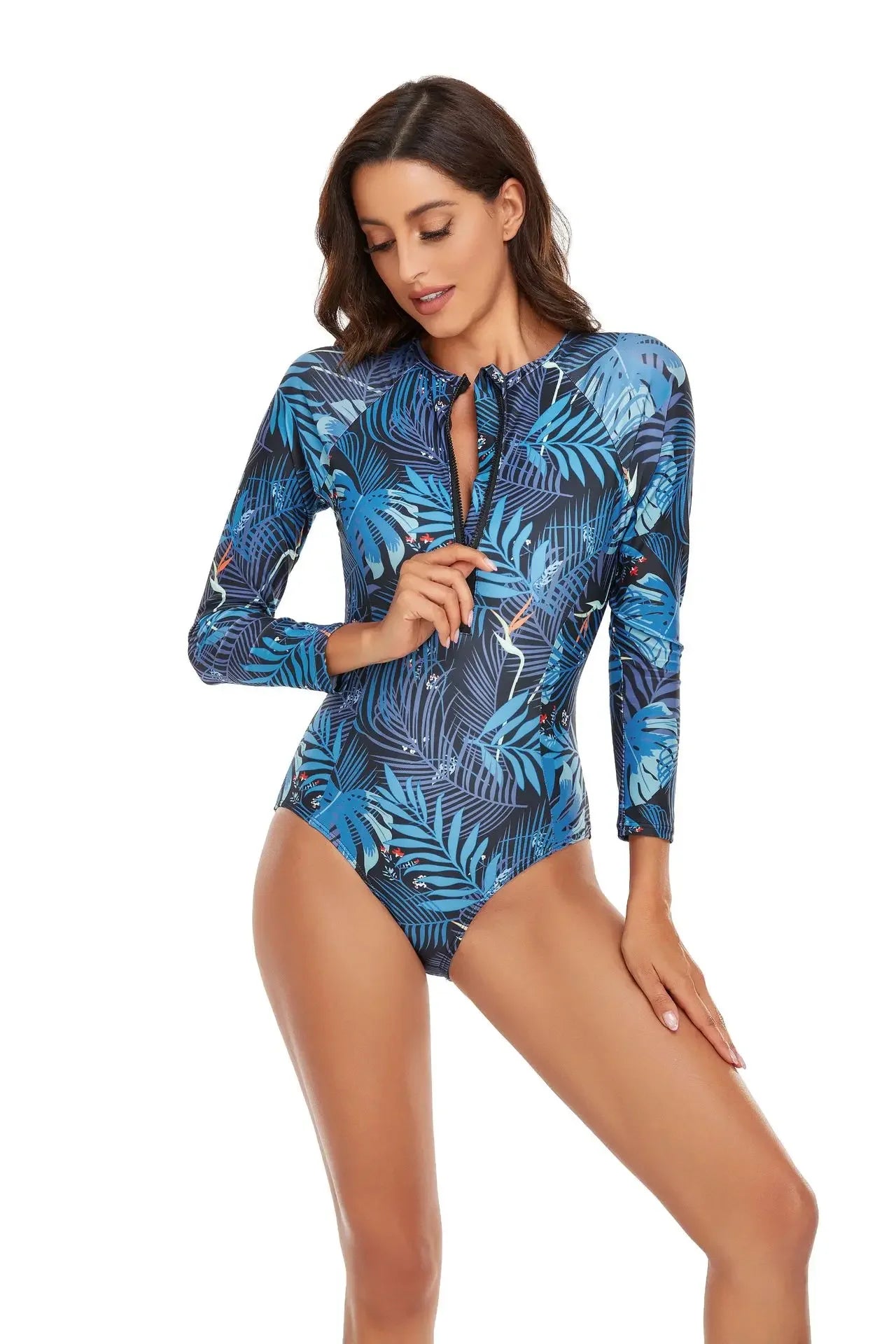 One-piece Swimsuit Women Long Sleeves Sunscreen Surf Wear Solid Color Stitching Zipper Conservative Summer Beach Swimwear