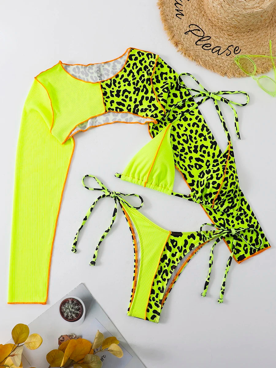 Leopard Halter Triangle Bikini Women Long Sleeve Swimsuit Swimwear Female Bathers Bathing Suit Swimming Beachwear