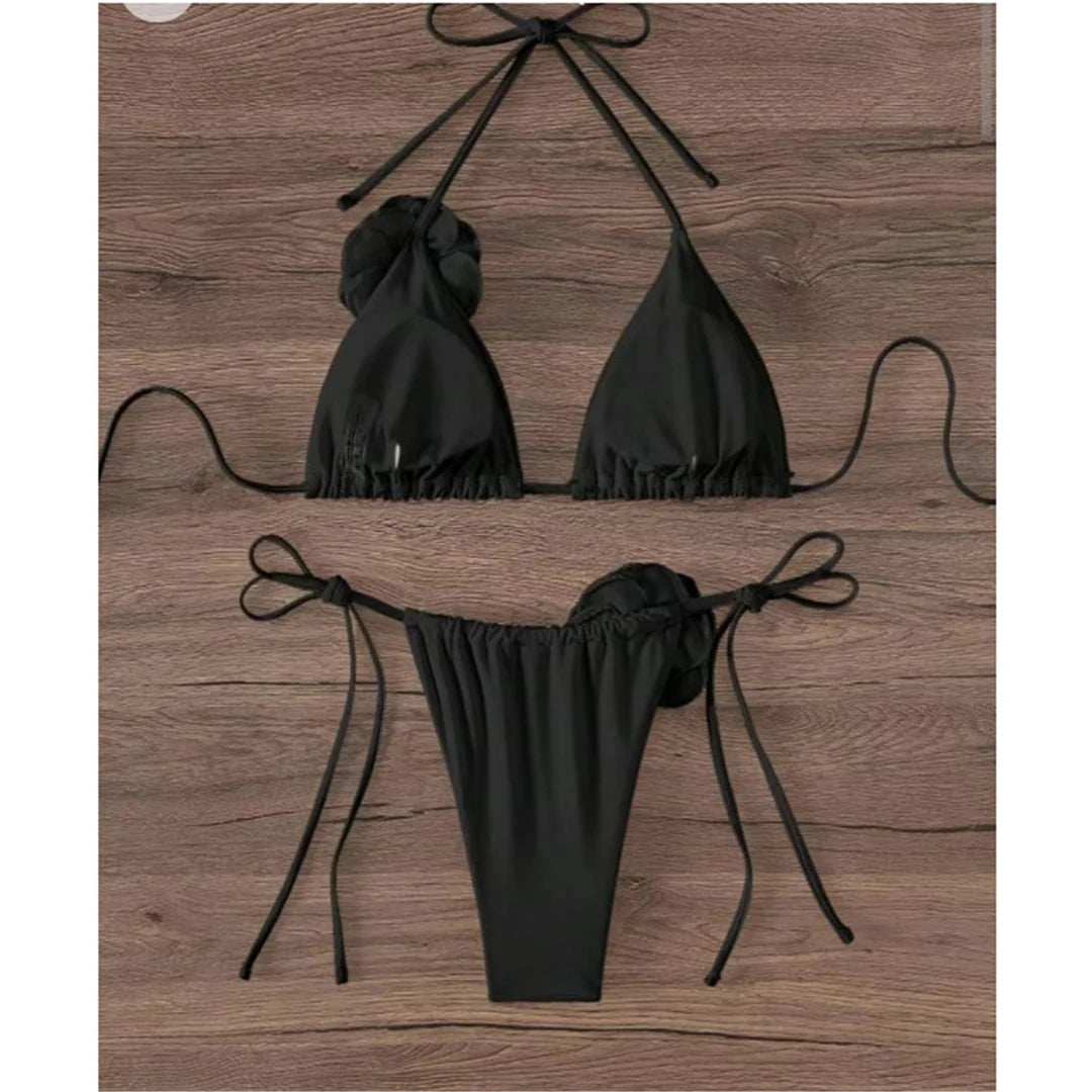 S - XL 3D Flowers Halter Strappy Bikini Women Swimwear Female Swimsuit Two-pieces Bikini set Bather Bathing Suit Swim