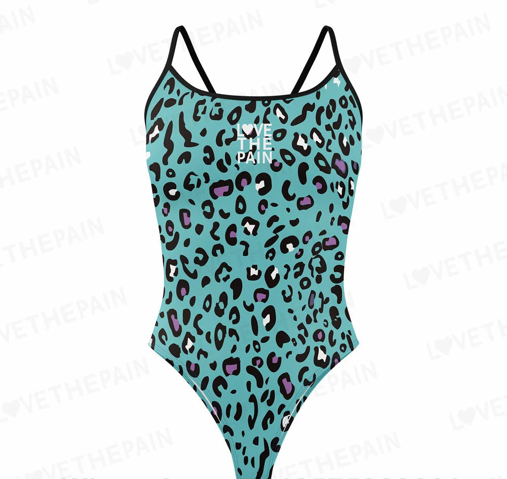 Love The Pain Leopard Print One Piece Swimsuit Thin Straps Versatile V-back Women's Swimwear Monokini Triathlon Swimsuit