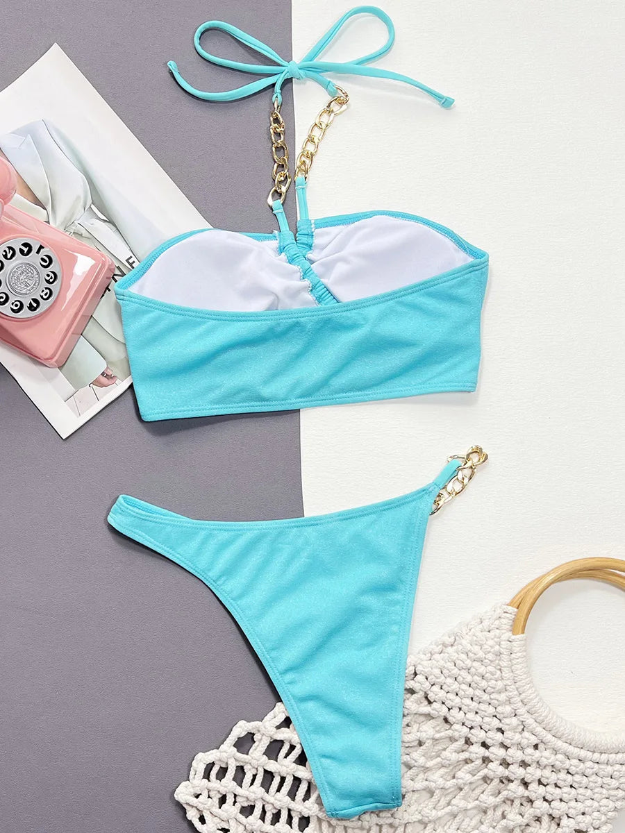 Shiny Halter Brazilian Bikini Female Swimsuit Women Swimwear Two-pieces Bikini set Metal Chains Bather Bathing Suit Swim