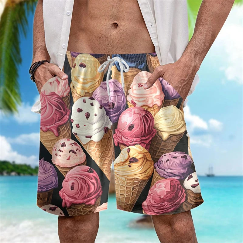 Funny Ice Cream Print Beach Designer Casual Men's Shorts Outdoor Leisure Drawstring Board Shorts Loose Shorts